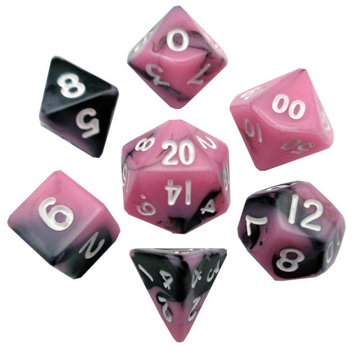 FanRoll: Acrylic 10mm Mini 7-Piece Dice Set - Pink and Black with White Numbers