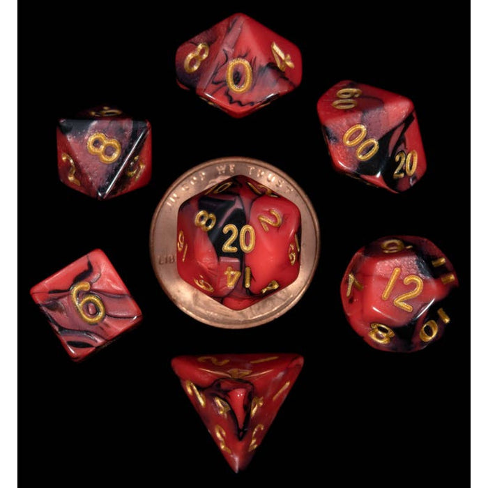 FanRoll: Acrylic 10mm Mini 7-Piece Dice Set - Red and Black with Gold Numbers
