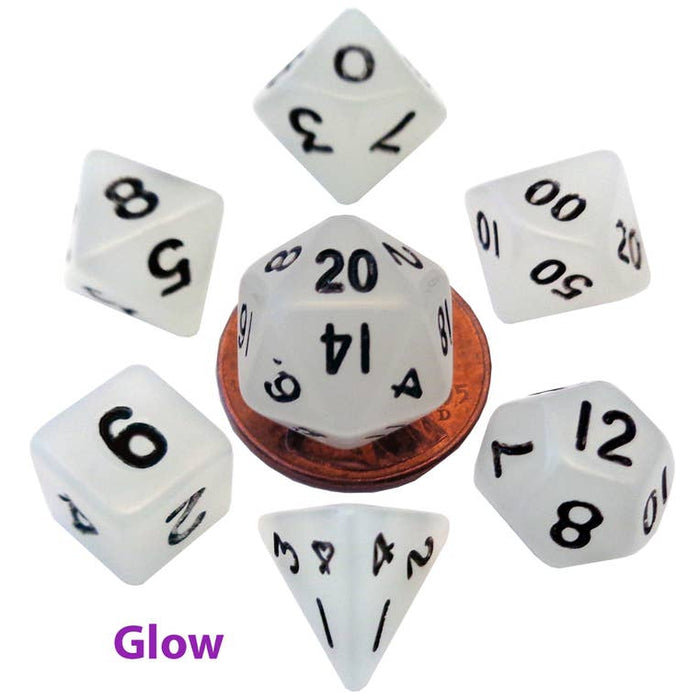 FanRoll: Acrylic 10mm Mini 7-Piece Dice Set - Glow Clear with Black Numbers