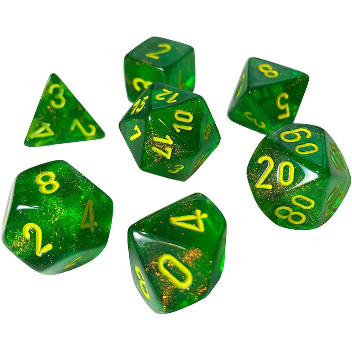 Chessex Dice: Borealis, 7-Piece Sets-Maple Green w/Yellow-LVLUP GAMES
