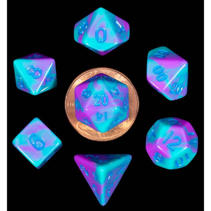 FanRoll: Acrylic 10mm Mini 7-Piece Dice Set - Purple and Teal with Blue Numbers