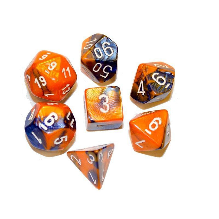 Chessex Dice: Gemini, 7-Piece Sets-Blue-Orange w/White-LVLUP GAMES