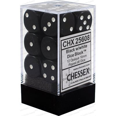 Chessex 12D6 16mm Dice: Opaque - Black/White