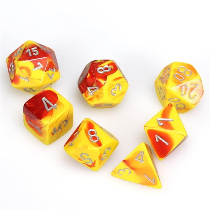 Chessex Dice: Gemini, 7-Piece Sets-Red-Yellow w/Silver-LVLUP GAMES
