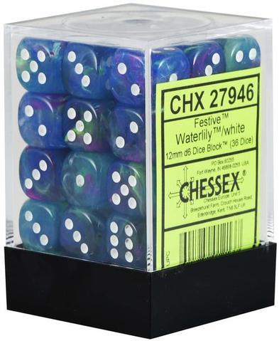 Chessex 36D6: Festive Dice 0 Waterlily/White