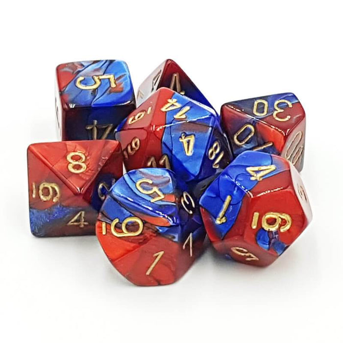 Chessex Dice: Gemini, 7-Piece Sets-Blue-Red w/Gold-LVLUP GAMES