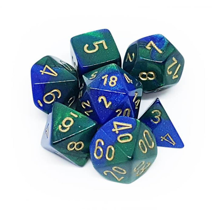 Chessex Dice: Gemini, 7-Piece Sets-Blue-Green w/Gold-LVLUP GAMES