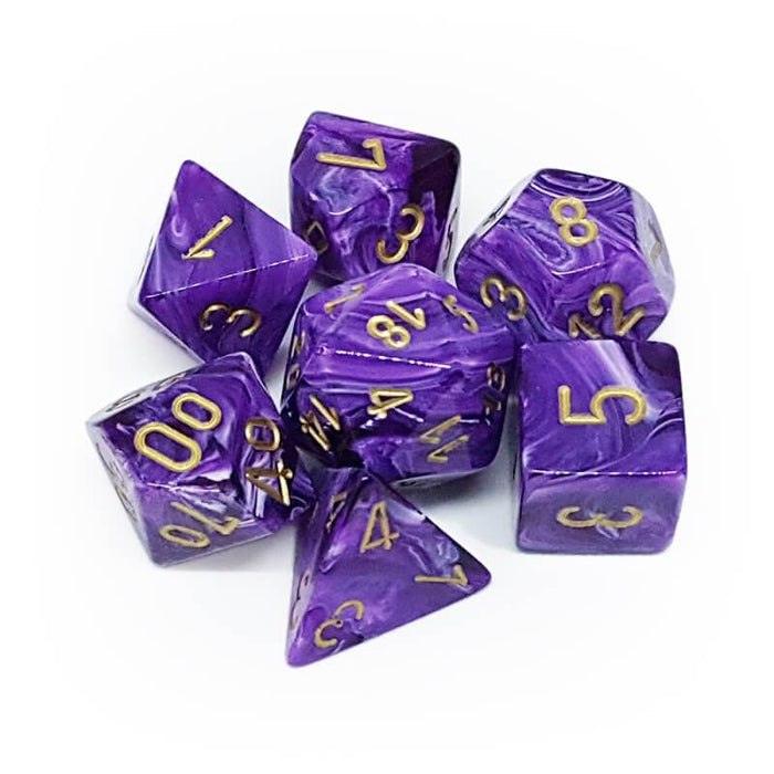 Chessex Dice: Vortex, 7-Piece Sets-Purple w/Gold-LVLUP GAMES