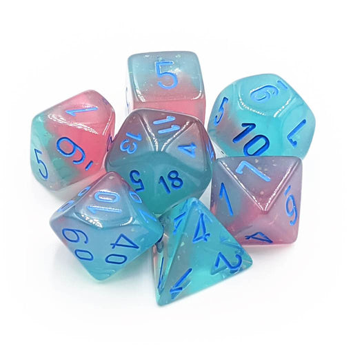 Chessex Dice: Gemini, 7-Piece Sets-Gel Green-Pink w/Blue-LVLUP GAMES