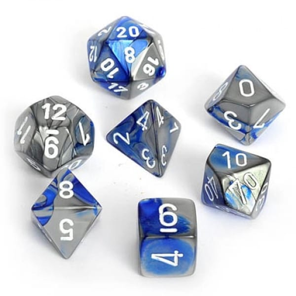 Chessex Dice: Gemini, 7-Piece Sets-Blue-Steel w/White-LVLUP GAMES