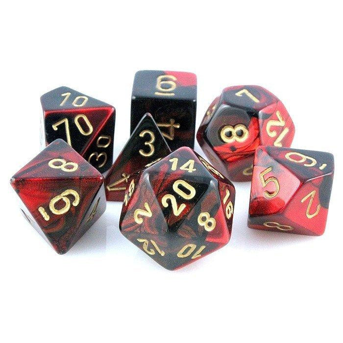 Chessex Dice: Gemini, 7-Piece Sets-Black-Red w/Gold-LVLUP GAMES