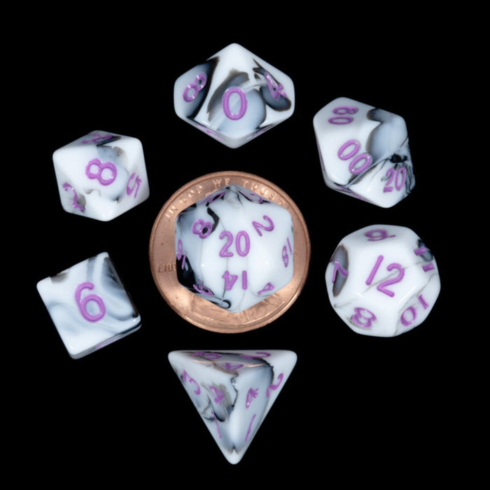 FanRoll: Acrylic 10mm Mini 7-Piece Dice Set - Marble with Purple Numbers