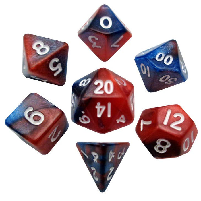 FanRoll: Acrylic 10mm Mini 7-Piece Dice Set - Red and Blue with White Numbers