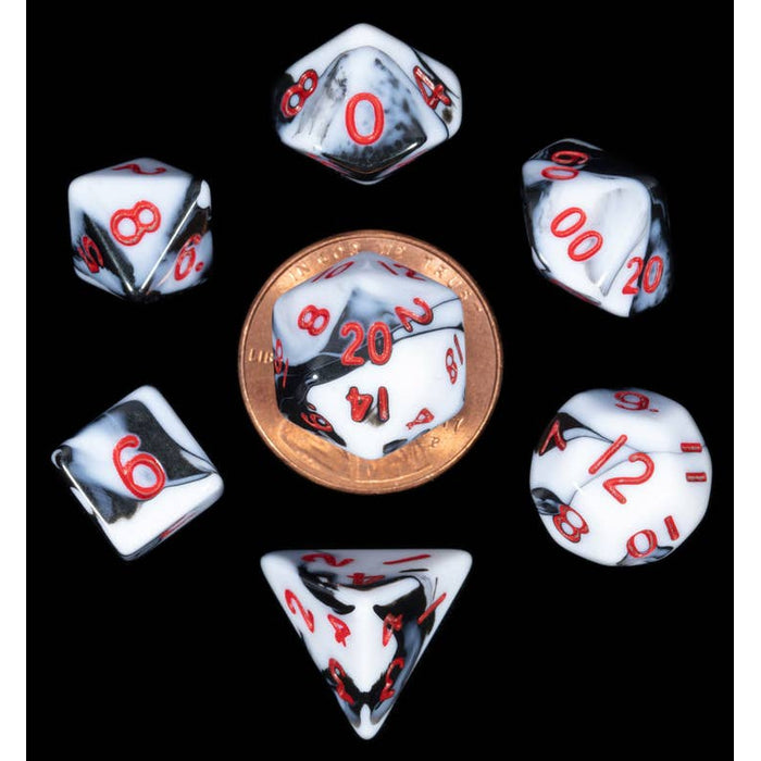 FanRoll: Acrylic 10mm Mini 7-Piece Dice Set - Marble with Red Numbers
