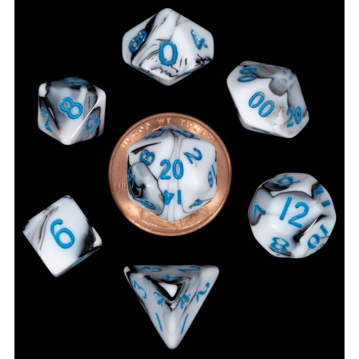 FanRoll: Acrylic 10mm Mini 7-Piece Dice Set - Marble with Blue Numbers