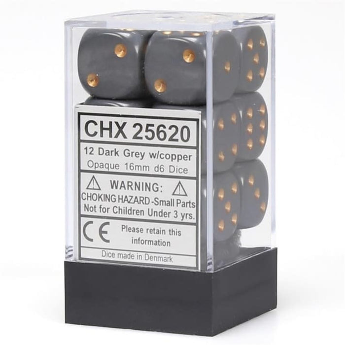 Chessex 12D6 16mm Dice: Opaque - Dark Grey/Copper
