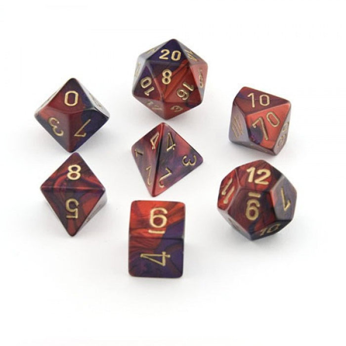 Chessex Dice: Gemini, 7-Piece Sets-Purple-Red w/Gold-LVLUP GAMES