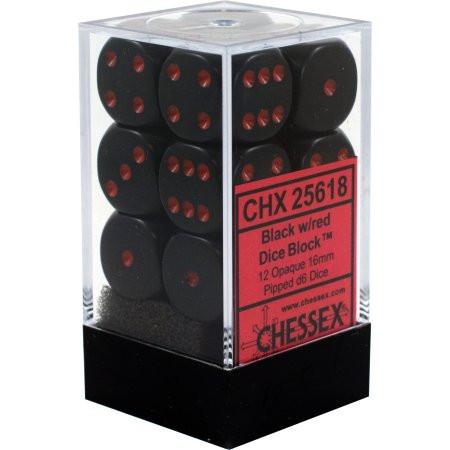 Chessex 12D6 16mm Dice: Opaque - Black/Red