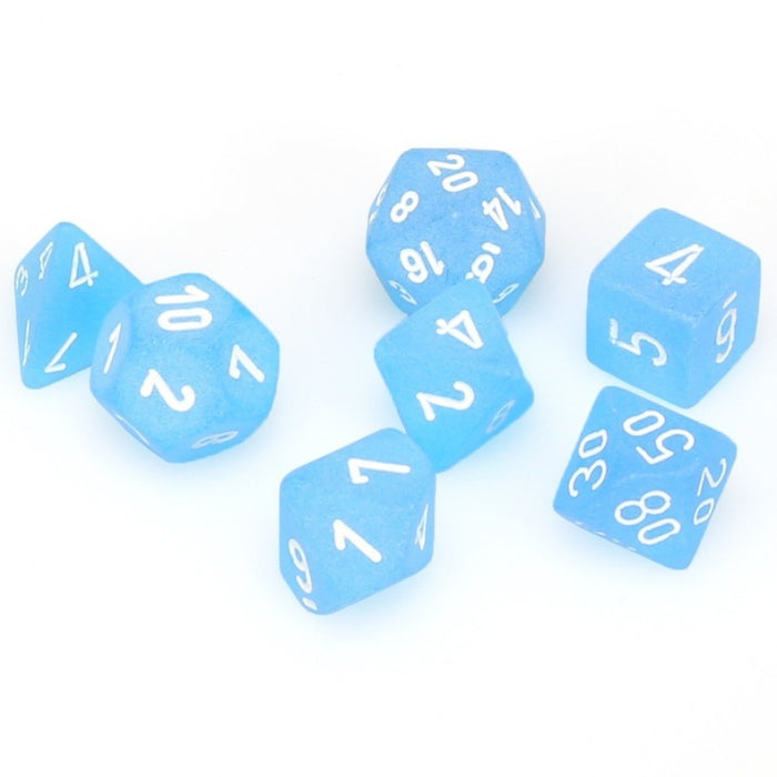 Chessex Dice: Frosted, 7-Piece Sets-Caribbean Blue w/White-LVLUP GAMES