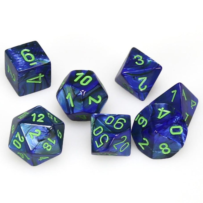 Chessex Dice: Lustrous Colours, 7-Piece Sets-Dark Blue w/Green-LVLUP GAMES