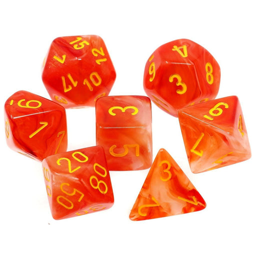Chessex Dice: Ghostly Glow, 7-Piece Sets-Orange w/Yellow-LVLUP GAMES