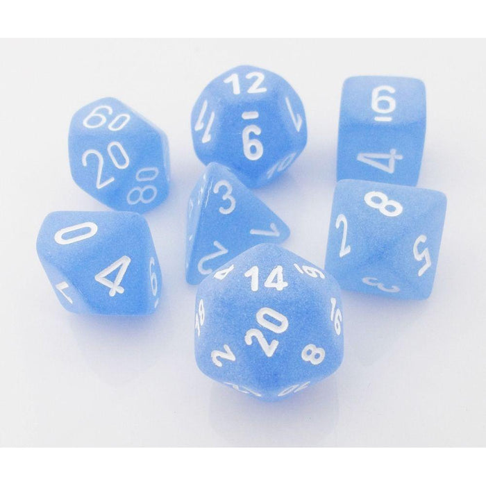 Chessex Dice: Frosted, 7-Piece Sets-Blue w/White-LVLUP GAMES