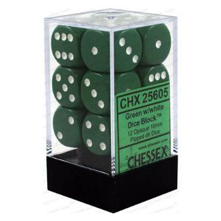 Chessex 12D6 16mm Dice: Opaque - Green/White