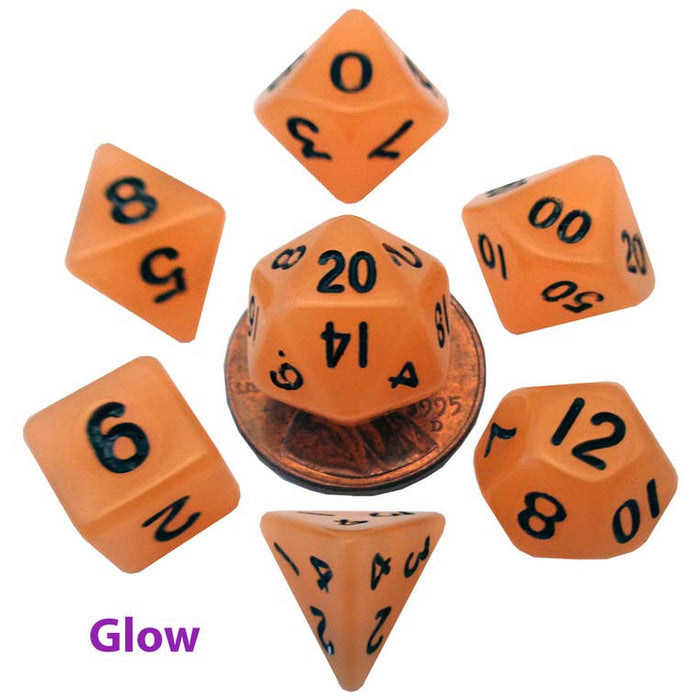 FanRoll: Acrylic 10mm Mini 7-Piece Dice Set - Glow Orange with Black Numbers