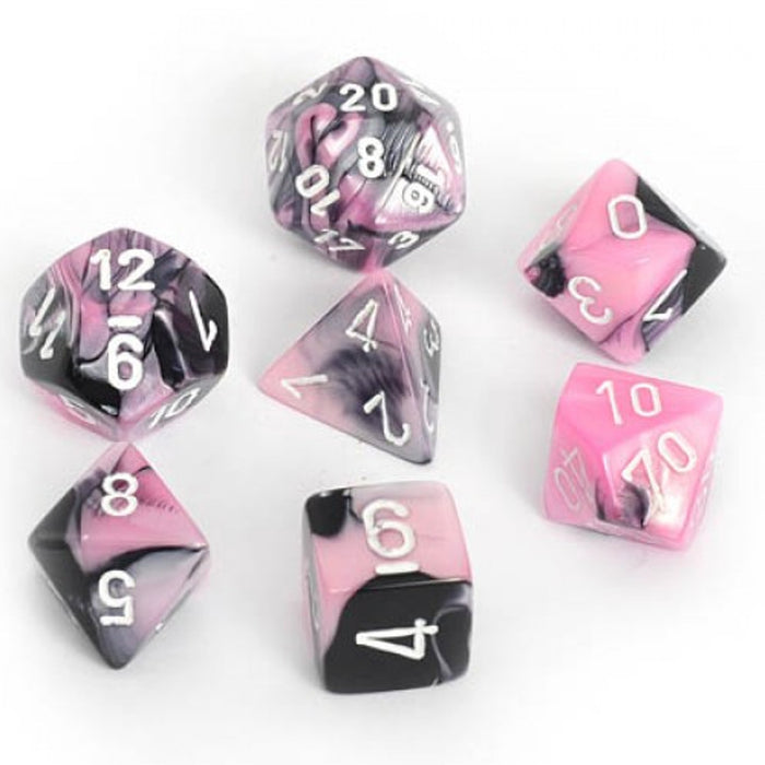 Chessex Dice: Gemini, 7-Piece Sets-Black-Pink w/White-LVLUP GAMES