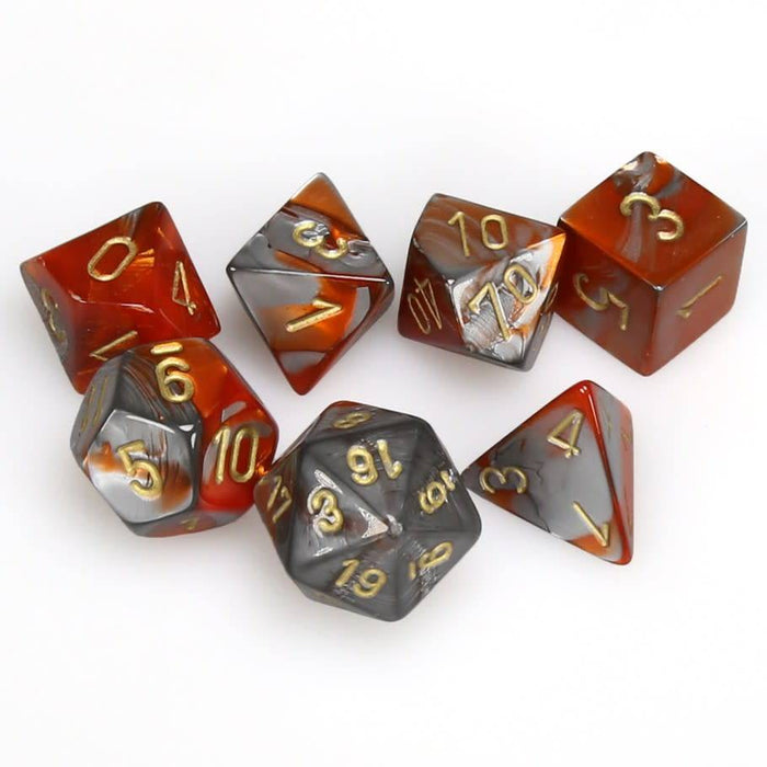 Chessex Dice: Gemini, 7-Piece Sets-Orange-Steel w/Gold-LVLUP GAMES