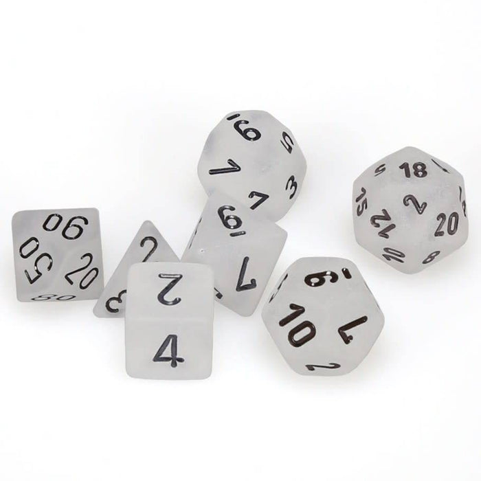 Chessex Dice: Frosted, 7-Piece Sets-Clear w/Black-LVLUP GAMES