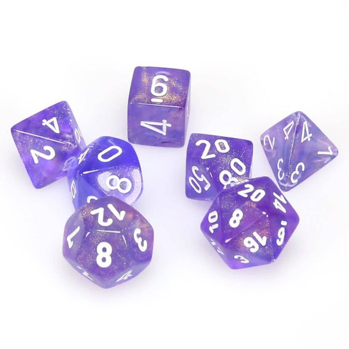 Chessex Dice: Borealis, 7-Piece Sets-Purple w/White-LVLUP GAMES