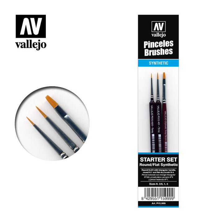 Vallejo: Brushes - Starter Set Round/Flat Synthetic (Sizes 3/0, 1, 4)