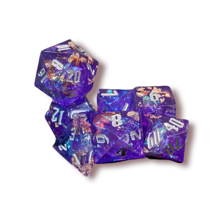 Little Dragon Corp 7-Piece Sets: Resin Sharp Edge Dice - Candy Glitter Paper Purple