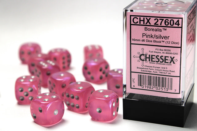 Chessex 12D6 16mm Dice: Borealis - Pink/Silver (Luminary)