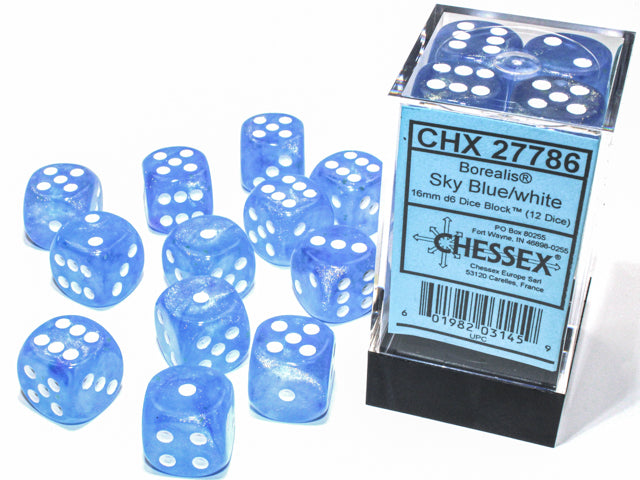 Chessex 12D6 16mm Dice: Borealis - Sky Blue/White (Luminary)