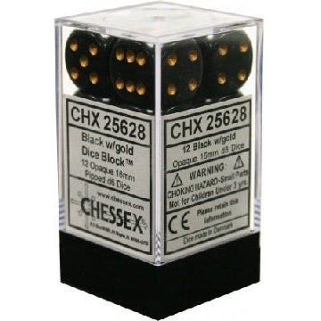 Chessex 12D6 16mm Dice: Opaque - Black/Gold