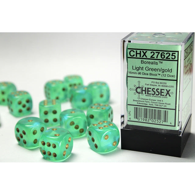 Chessex 12D6 16mm Dice: Borealis - Light Green/Gold