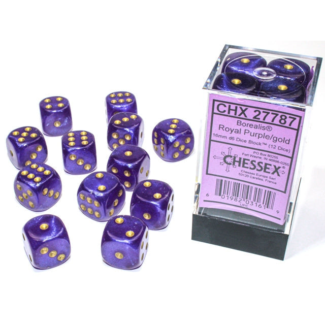 Chessex 12D6 16mm Dice: Borealis - Royal Purple/Gold(Luminary)
