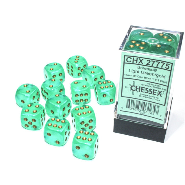 Chessex 12D6 16mm Dice: Borealis - Light Green/Gold (Luminary)
