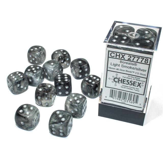 Chessex 12D6 16mm Dice: Borealis - Smoke/Silver (Luminary)