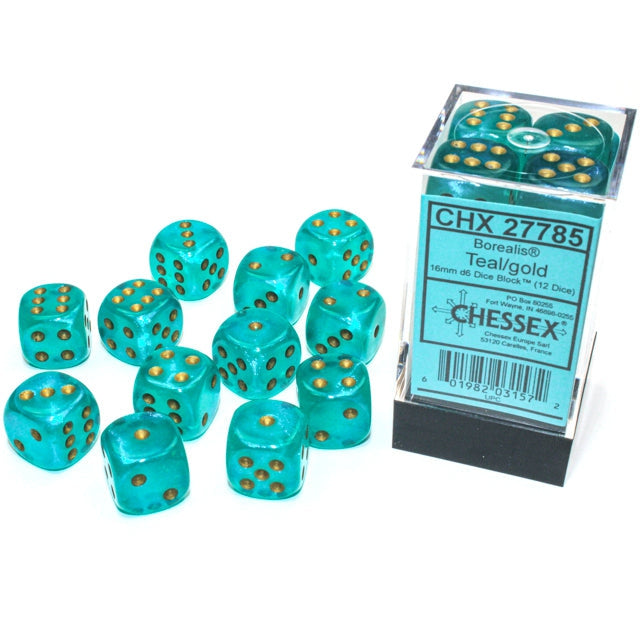 Chessex 12D6 16mm Dice: Borealis - Teal/Gold (Luminary)