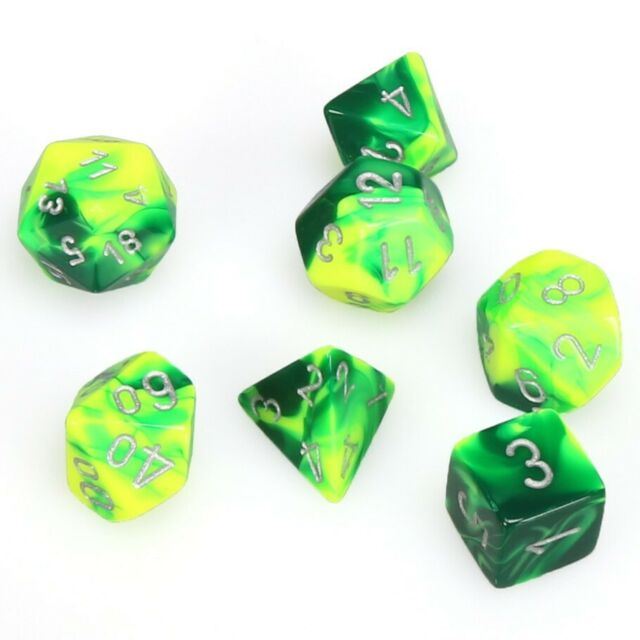 Chessex Dice: Gemini, 7-Piece Sets-Green-Yellow w/Silver-LVLUP GAMES