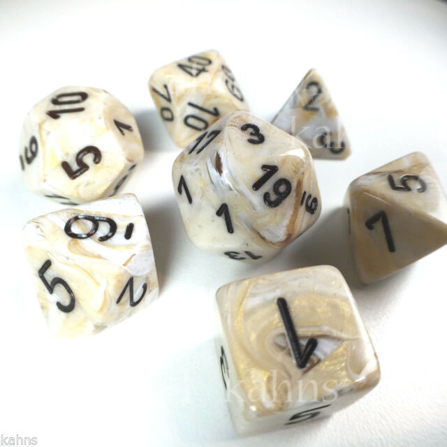 Chessex Dice: Marble, 7-Piece Sets-Ivory w/Black-LVLUP GAMES