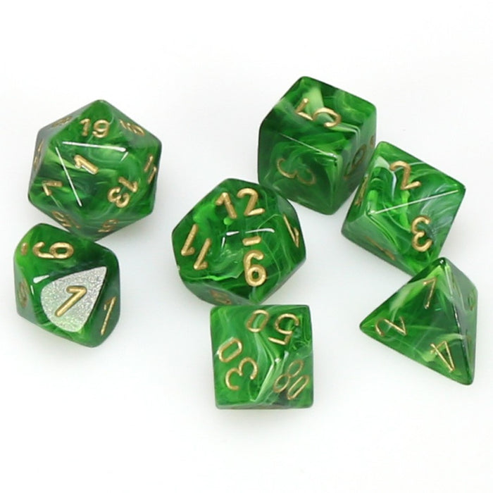 Chessex Dice: Vortex, 7-Piece Sets-Green w/Gold-LVLUP GAMES